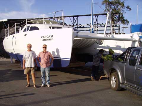Rick and Raoul at catamaran Outcast launch