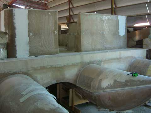 Powered pontoon fiberglass during the building of the deck, photo taken from the prow