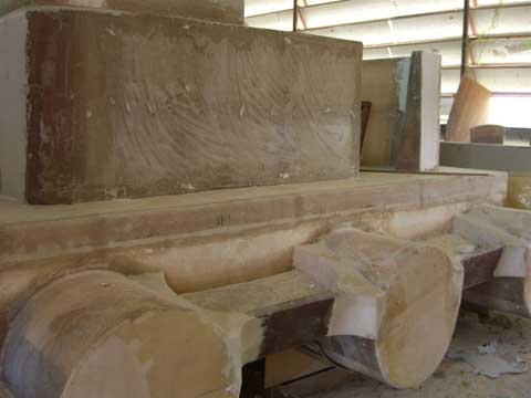 Powered pontoon fiberglass during the building of the deck, photo taken from the stern