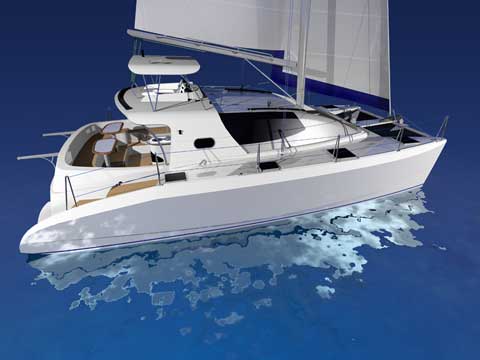 Sailing and power Catamaran RB 34' rendering with sail - Click to zoom