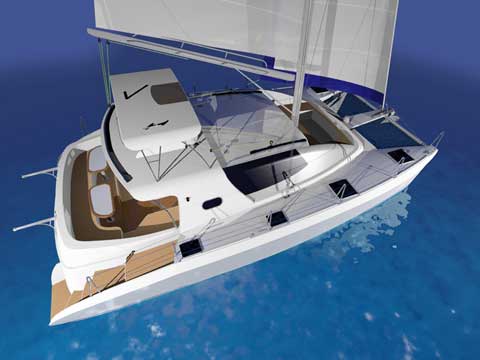 Sailing and power Catamaran RB 34' rendering with sail - Click to zoom