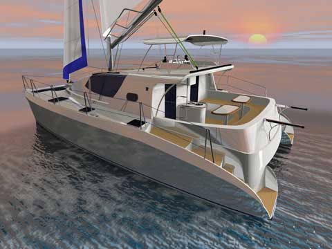 Sailing and power Catamaran RB 34' rendering with sail - Click to zoom